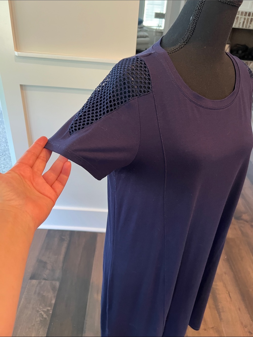 Cable & Gauge Deep Navy Midi Dress with Mesh Shoulder Panels